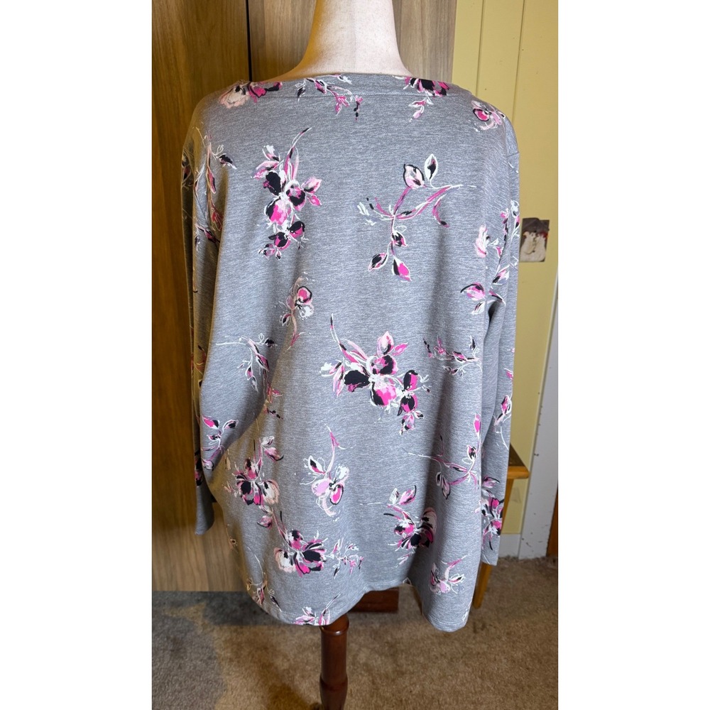 518. Croft & Barrow 3X Gray Pink Floral Lace Up Neck Long Sleeve Top - Picture 4 of 5